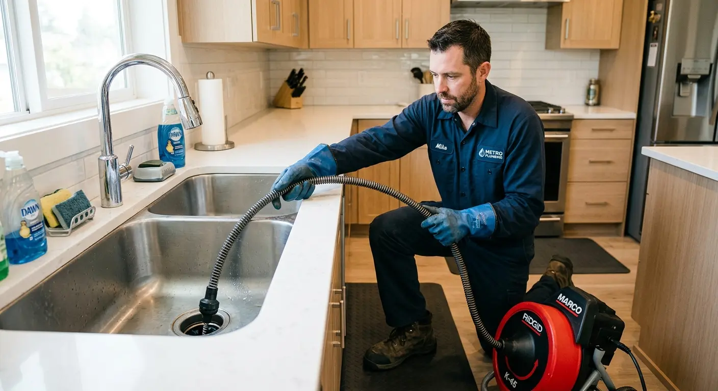 Drain cleaning technician using a motorized snake on a kitchen sink in Paragould